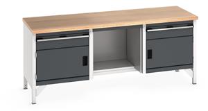 Bott Cubio Storage Workbench 2000mm wide x 750mm Deep x 840mm high supplied with a Multiplex (layered beech ply) worktop, 2 x 150mm high drawers, 2 x 350mm high integral storage cupboards and 1 x open mid section with 1/2 depth base shelf.... 2000mm Wide Storage Benches